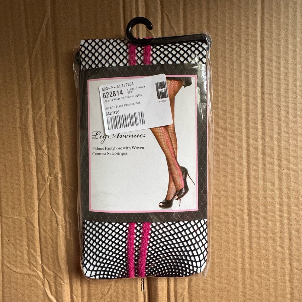 LEG AVENUE Black Fishnet Pantyhose Woven Neon Pink Contrast Side Stripes NEW